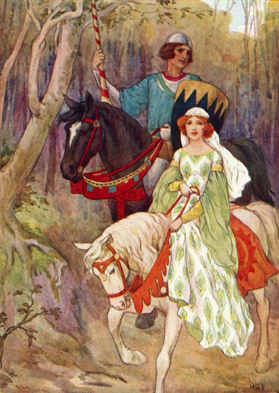 Księżniczka Olwen w towarzystwie Księcia Świniopasa (kolorowa litografia) autorstwa Harry George Theaker