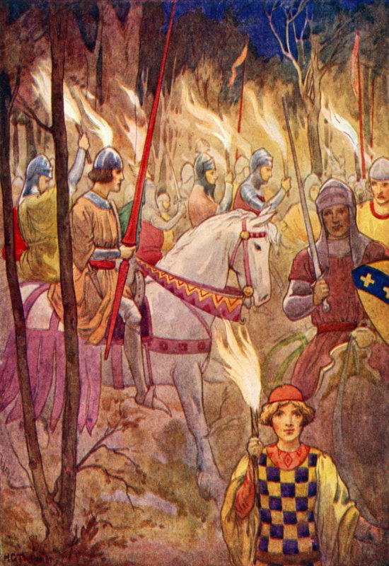 Procesja rycerzy z pochodniami (kolorowa litografia) autorstwa Harry George Theaker