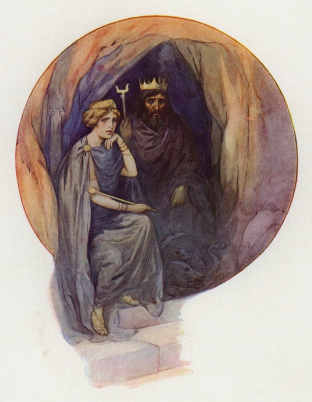 Prozerpina siedzi ubrana w długie czarne szaty, na wielkim czarnym tronie, a obok niej zaciekły czarny król (kolorowa litografia) autorstwa Harry George Theaker