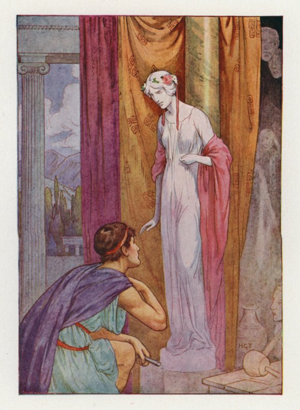 Pigmalion i rzeźba (kolorowa litografia) autorstwa Harry George Theaker