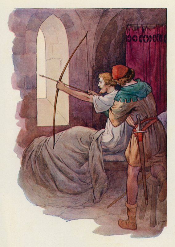 Robin, siedząc w łóżku, wystrzelił strzałę w zielony las za murami opactwa (kolorowa litografia) autorstwa Harry George Theaker