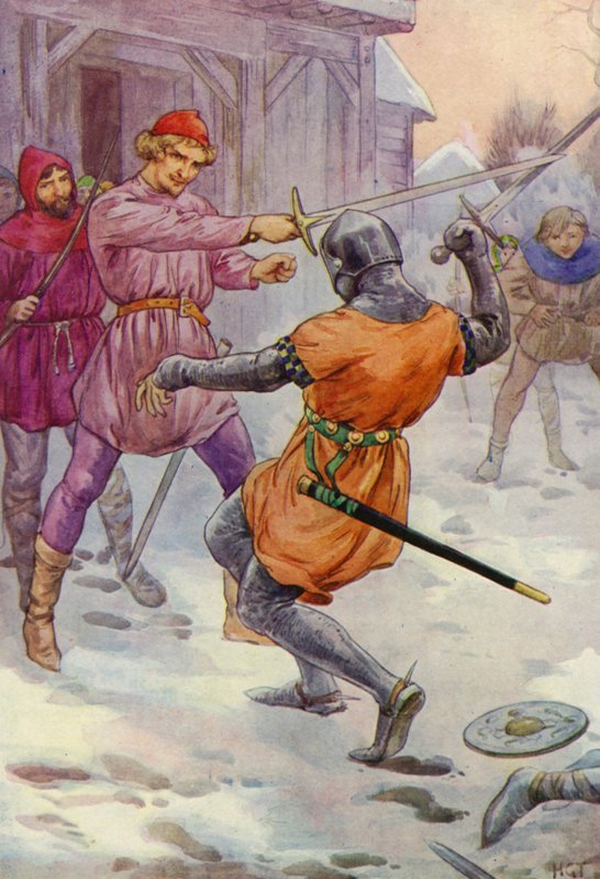 Robin ominął go i uderzył tam, gdzie chciał (kolorowa litografia) autorstwa Harry George Theaker