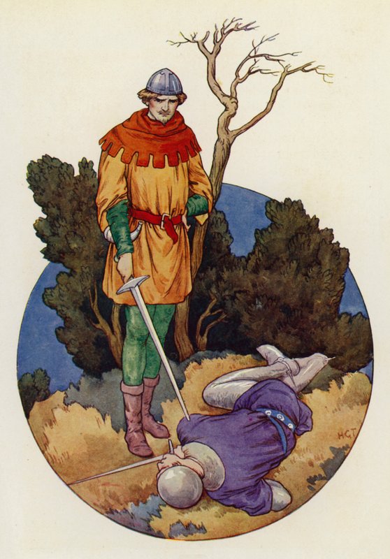 Robin uderzył w dom i jednym potężnym ciosem zabił Guya z Gisborne (kolorowa litografia) autorstwa Harry George Theaker