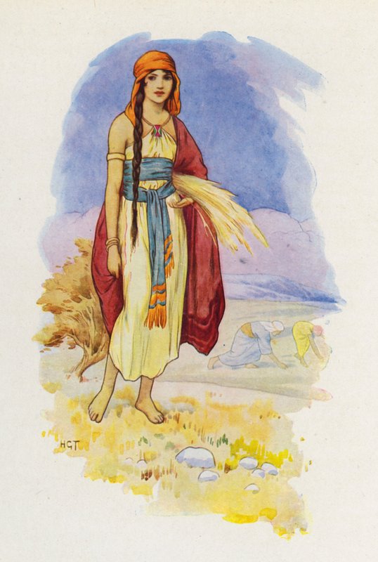 Ruth zbierająca plony na polu (kolorowa litografia) autorstwa Harry George Theaker