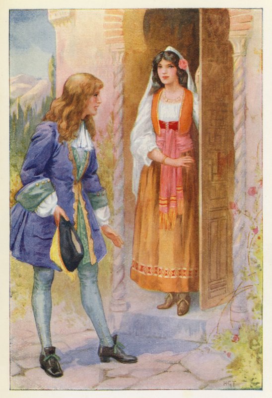 Ruyz de Alarcon i róża z Alhambry (kolorowa litografia) autorstwa Harry George Theaker
