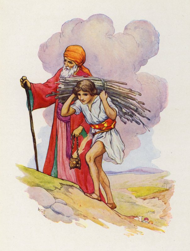 Obok siebie Abraham i Izaak wspinają się po stromej ścieżce (kolorowa litografia) autorstwa Harry George Theaker