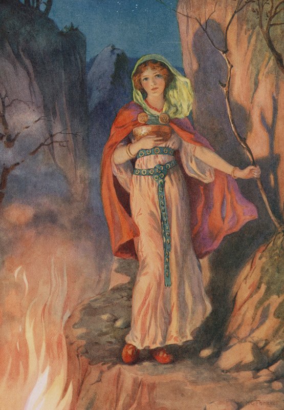 Sigyn, z "Zagłady Lokiego i jego dzieci" (kolorowa litografia) autorstwa Harry George Theaker