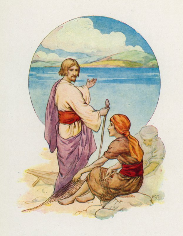 "Szymonie Piotrze i Andrzeju, chodźcie! Pójdźcie za Mną!" (kolorowa litografia) autorstwa Harry George Theaker