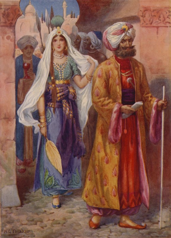 Sindbad przynosi dary kalifowi (kolorowa litografia) autorstwa Harry George Theaker
