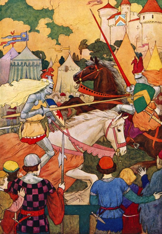 Pierwszy turniej Sir Lancelota (kolorowa litografia) autorstwa Harry George Theaker