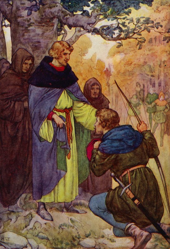 "Panie", powiedział Robin, padając na kolano, "My z Sherwood żądamy królewskiego ułaskawienia" (kolorowa litografia). autorstwa Harry George Theaker