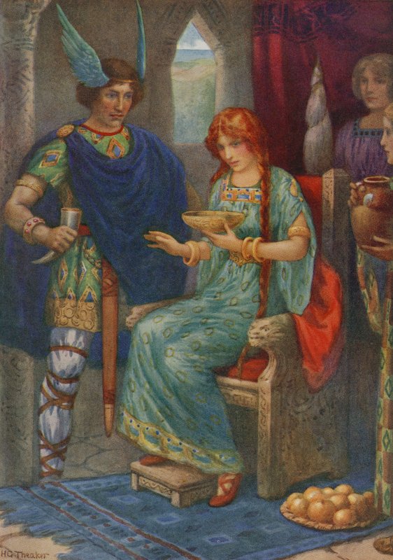 Skyrnir i Gerda, z filmu "Frey i Gerda" (kolorowa litografia) autorstwa Harry George Theaker