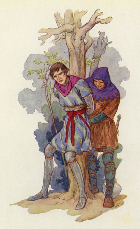 "Zdejmij mu z głowy ten żelazny garnek", zawołał Robin, "i przywiąż go do drzewa" (kolorowa litografia). autorstwa Harry George Theaker