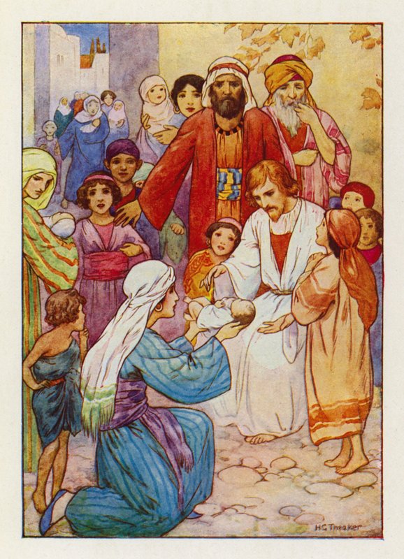 "Pozwólcie dzieciom przychodzić do Mnie" (kolorowa litografia) autorstwa Harry George Theaker