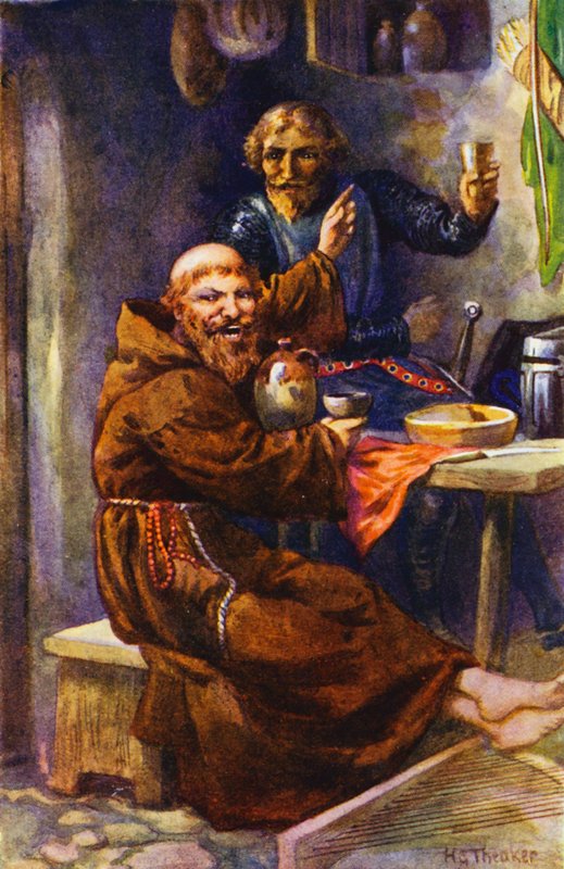 Czarny Rycerz korzysta z gościnności jowialnego pustelnika (kolorowa litografia) autorstwa Harry George Theaker