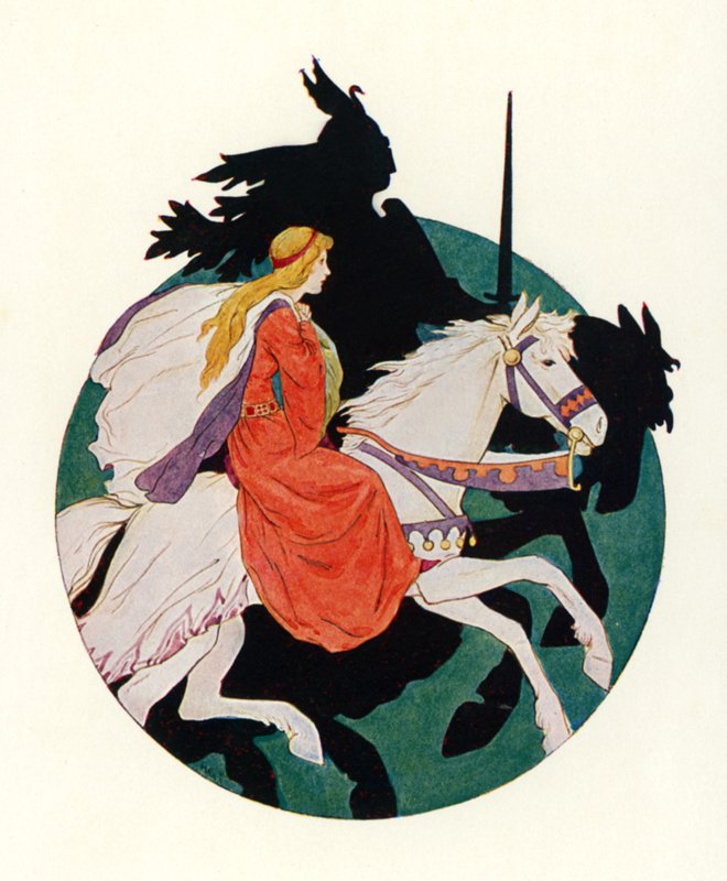 Czarny Rycerz odjeżdża z panną (kolorowa litografia) autorstwa Harry George Theaker