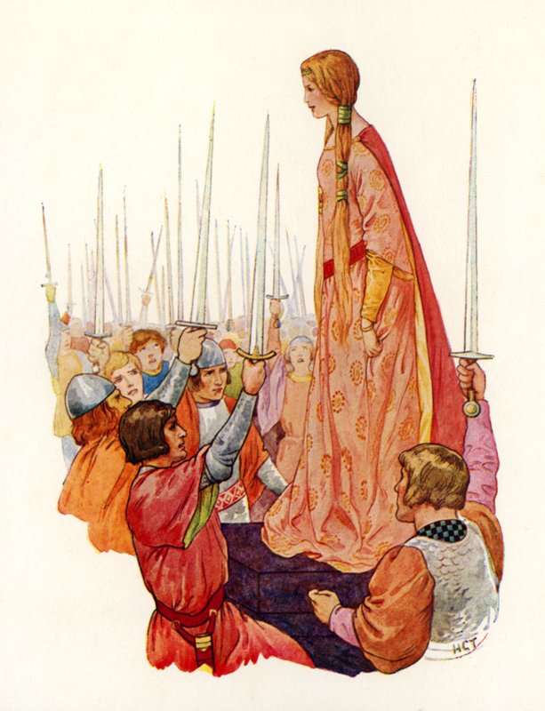 Rycerze salutujący księżniczce Ginewrze, ich przyszłej królowej (kolorowa litografia) autorstwa Harry George Theaker