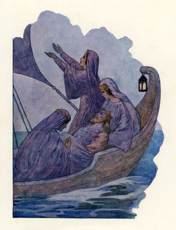 Przejście króla Artura (kolorowa litografia) autorstwa Harry George Theaker