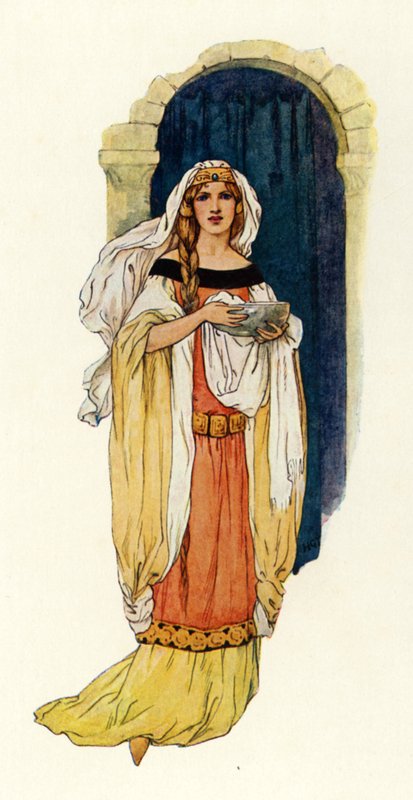 Księżniczka Ginewra przynosząca wodę w srebrnej misce (kolorowa litografia) autorstwa Harry George Theaker