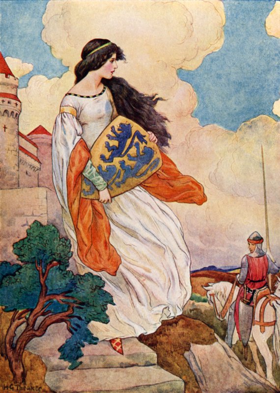 Księżniczka Iseult z tarczą Sir Tristrama z Lyonesse (kolorowa litografia) autorstwa Harry George Theaker