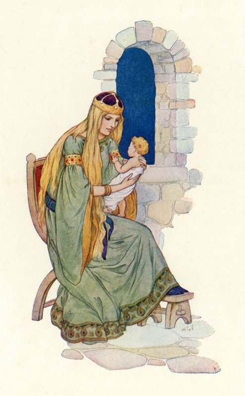 Królowa z małym Lancelotem (kolorowa litografia) autorstwa Harry George Theaker