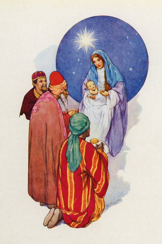 Mędrcy ujrzeli Dzieciątko z Maryją, Jego Matką, upadli i oddali Mu pokłon (kolorowa litografia). autorstwa Harry George Theaker