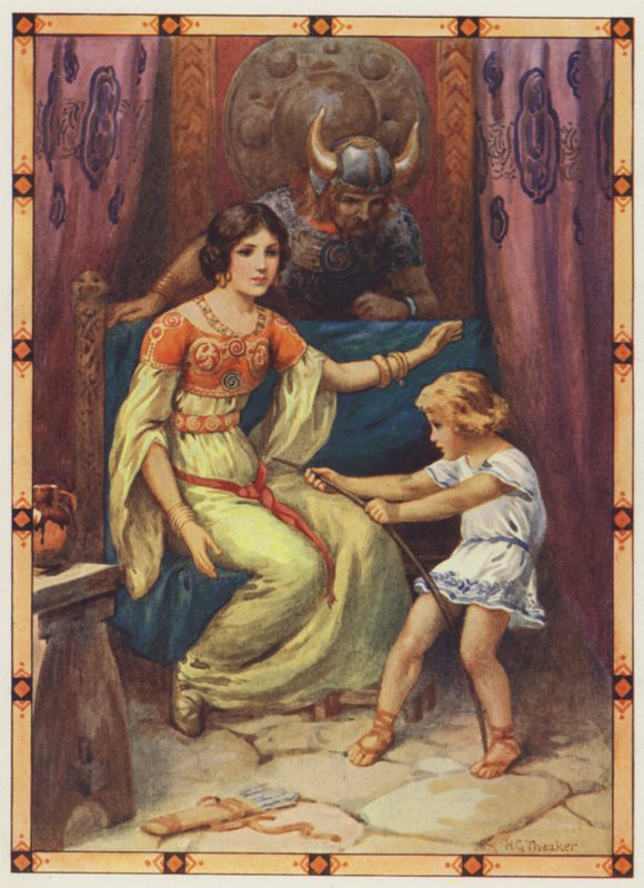 "Dziecko wykazywało oznaki niesamowitej siły", The Tyrant of the Isles (kolorowa litografia) autorstwa Harry George Theaker