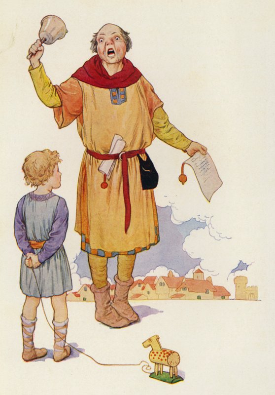 Dzwonnik ogłosił nowinę i całe miasto zawrzało z podekscytowania (kolorowa litografia). autorstwa Harry George Theaker