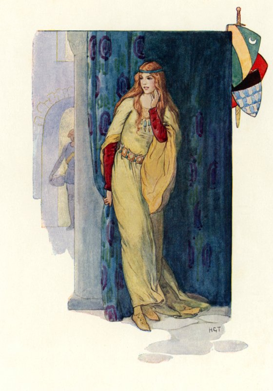 Niema panna róża chowająca się za zasłoną (kolorowa litografia) autorstwa Harry George Theaker