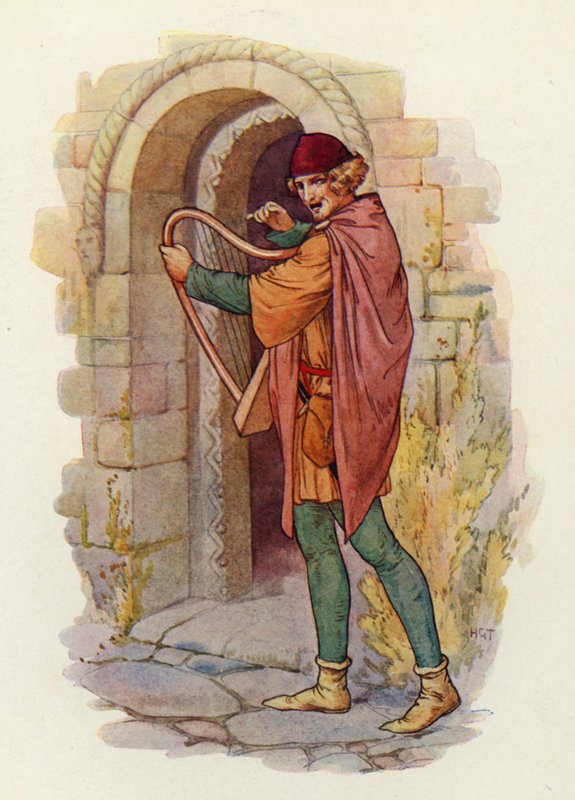 Sława Robin Hooda rozeszła się po wszystkich hrabstwach Midlandu, nawet do samego Londynu, a ballady o jego czynach zaczęły być śpiewane (kolorowa litografia). autorstwa Harry George Theaker