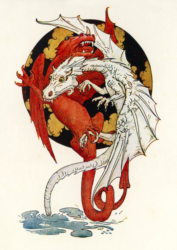 Walka między smokami (kolorowa litografia) autorstwa Harry George Theaker
