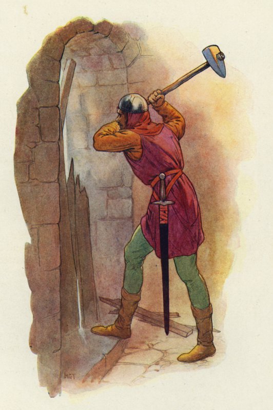 Młot zamachnął się ponownie i drugim uderzeniem wyrwał im drogę ucieczki (kolorowa litografia). autorstwa Harry George Theaker