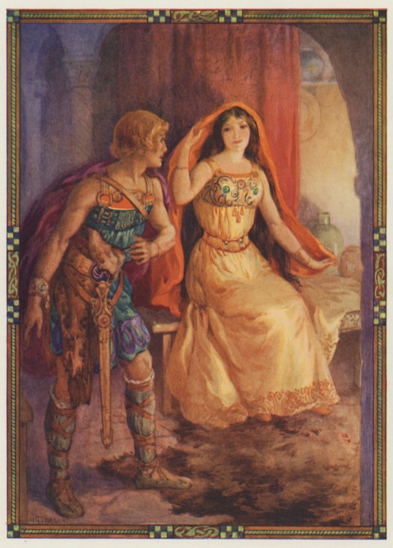 "Dama odsłoniła twarz", Wstrętna dama i waleczny rycerz (kolorowa litografia) autorstwa Harry George Theaker
