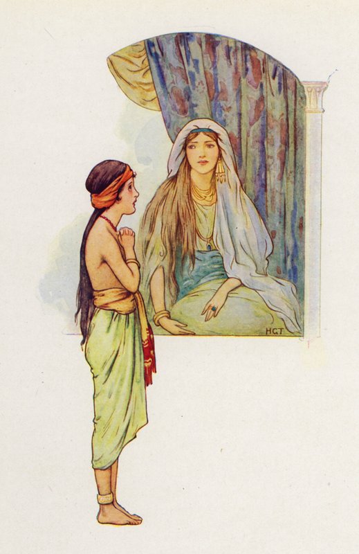 Mała niewolnica powiedziała swojej pani, że w Samarii jest prorok, który wyleczy Naamana z trądu (kolorowa litografia). autorstwa Harry George Theaker