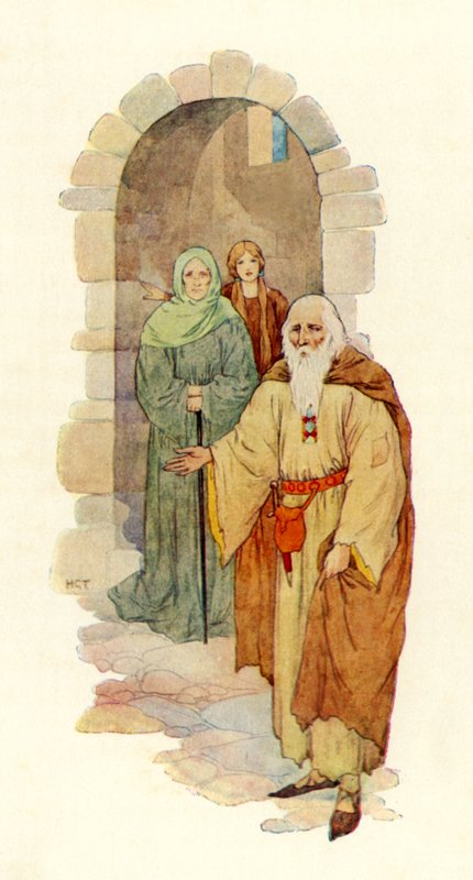 Starzec zaprosił rycerza do zrujnowanego pałacu (kolorowa litografia) autorstwa Harry George Theaker