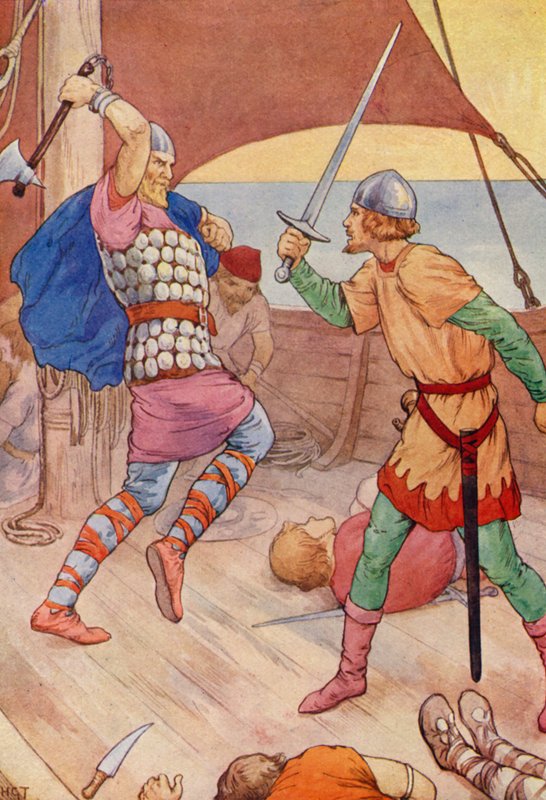 Wódz piratów wyskoczył na Robina (kolorowa litografia) autorstwa Harry George Theaker