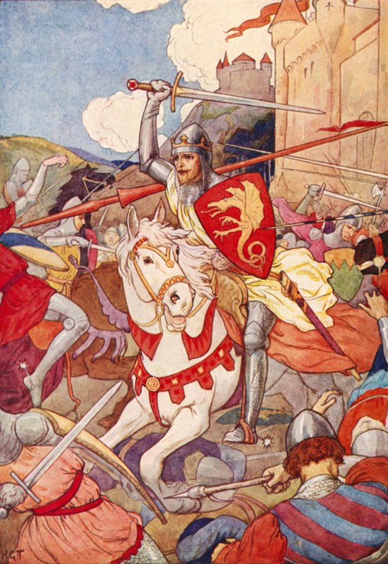 Dziwny rycerz z błyskającym mieczem (kolorowa litografia) autorstwa Harry George Theaker