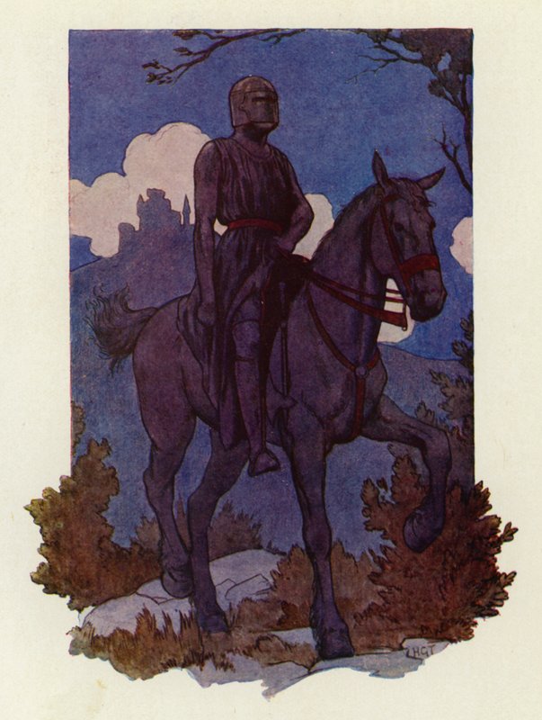Dziwny rycerz zbliżał się do nich, jadąc na wielkim czarnym koniu i uzbrojony na czarno (kolorowa litografia) autorstwa Harry George Theaker