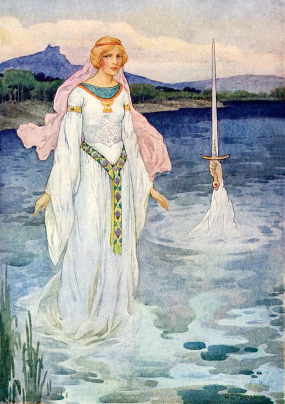 Miecz i Pani Jeziora (kolorowa litografia) autorstwa Harry George Theaker