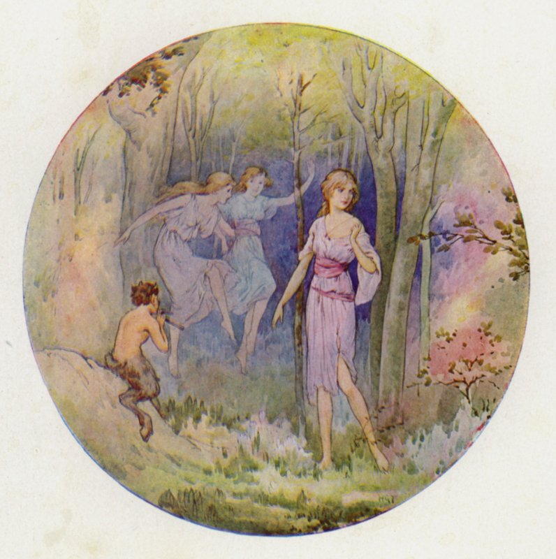 Leśne nimfy, które tańczyły w świetle słońca i księżyca (kolorowa litografia) autorstwa Harry George Theaker