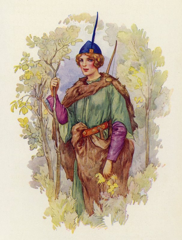 W całym Midlandzie nie było tak uczciwej i kochającej żony jak pokojówka Marian dla Robin Hooda (kolorowa litografia). autorstwa Harry George Theaker
