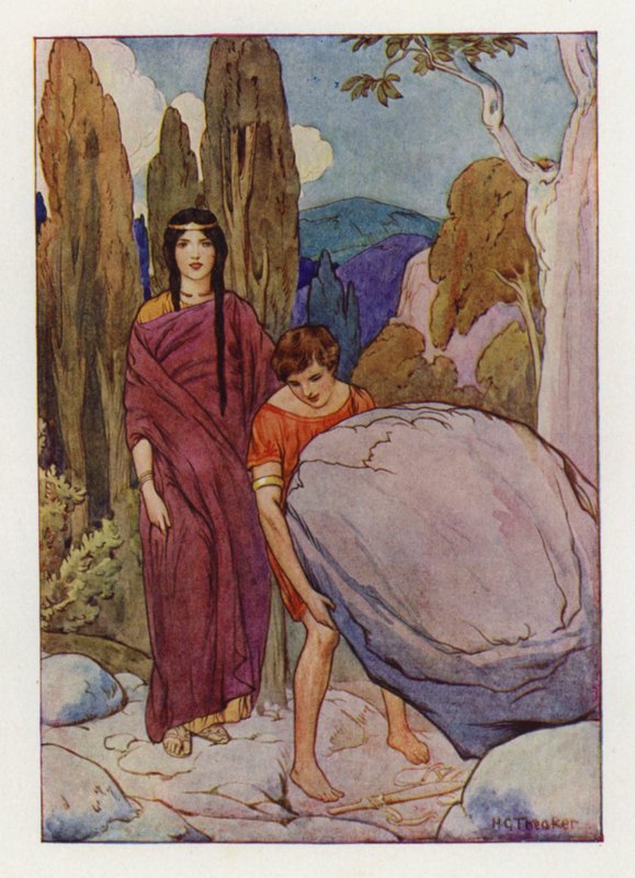Tezeusz podnoszący wielką skałę, pod którą leżał miecz i sandały (kolorowa litografia) autorstwa Harry George Theaker
