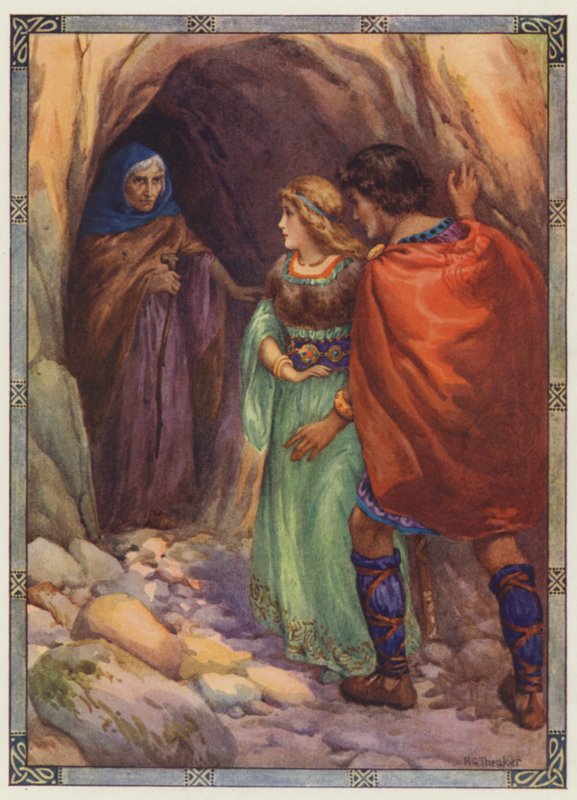 "Przybyli do jaskini nad morzem", Diarmuid i Grania (kolorowa litografia) autorstwa Harry George Theaker