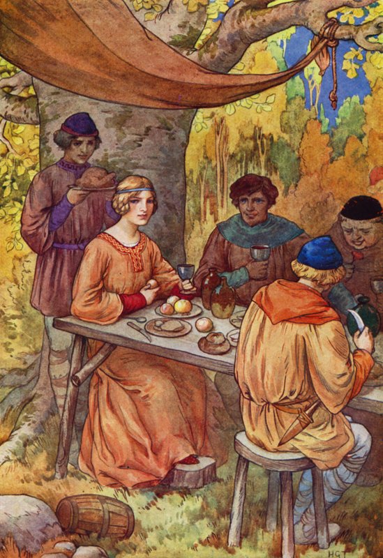 Ucztowali wesoło, z Marion, która uświetniła ich stół (kolorowa litografia) autorstwa Harry George Theaker