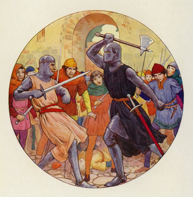 Trzy razy Isambart pchnął i trzy razy pchnięcie poszło szeroko (kolorowa litografia) autorstwa Harry George Theaker