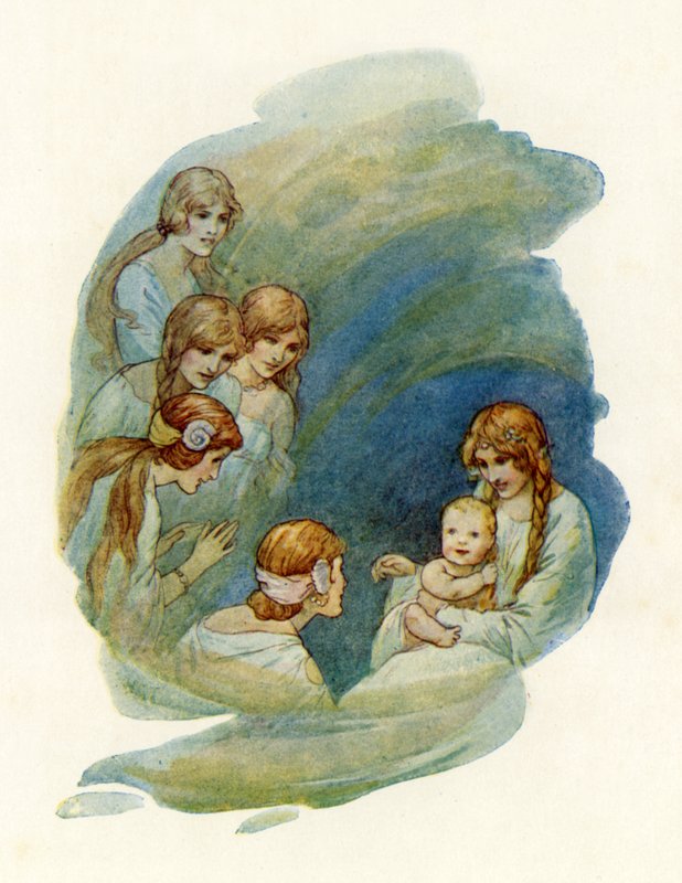 Mały Lancelot budzący się i uśmiechający (kolorowa litografia) autorstwa Harry George Theaker
