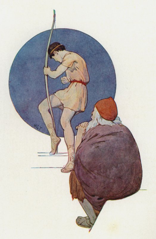 Odyseusz obserwował szlachciców, którzy jeden po drugim próbowali wygiąć wielki łuk (kolorowa litografia). autorstwa Harry George Theaker