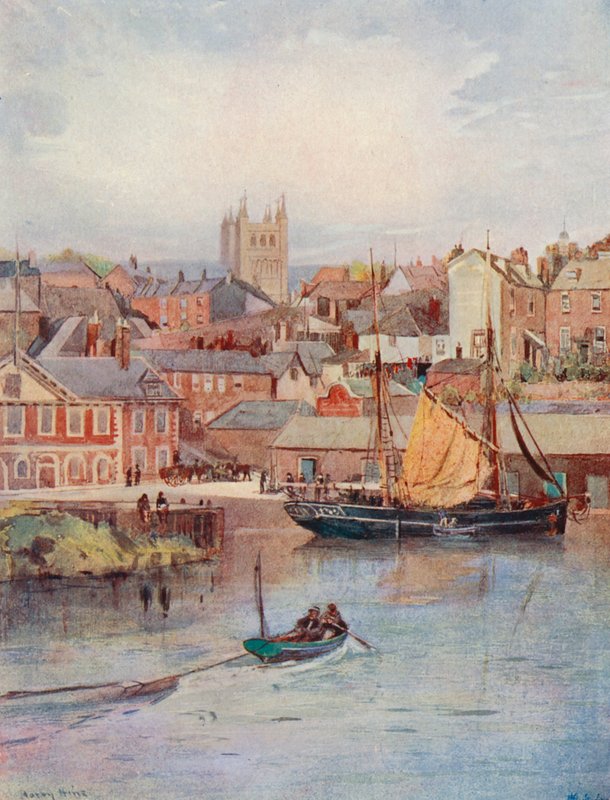 Nabrzeże w Exeter z wieżami katedry (kolorowa litografia) autorstwa Harry Hine