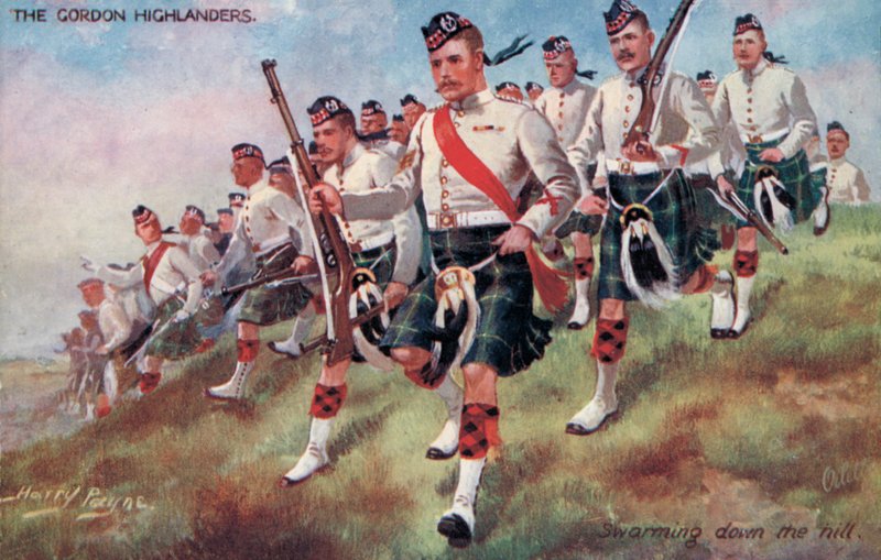 Gordon Highlanders, roi się w dół wzgórza (kolor lito) autorstwa Harry Payne