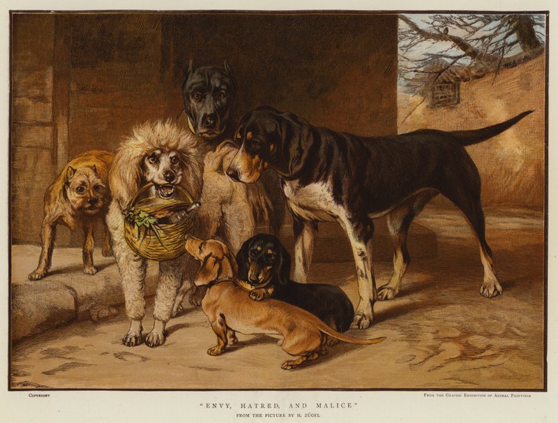 Zazdrość, nienawiść i złośliwość (chromolitho) autorstwa Heinrich Johann von Zugel